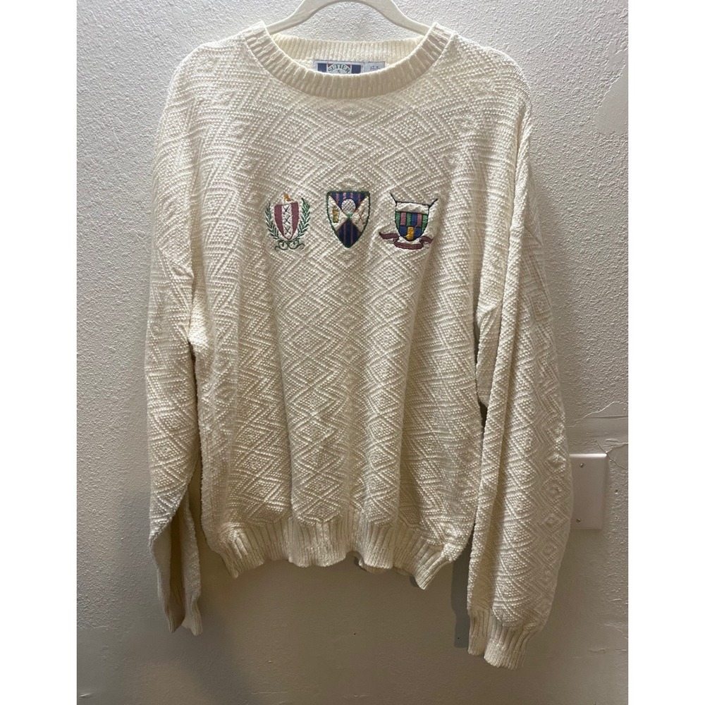 Vintage Sutter & Grant Mens L Cream Diamond Knit Sweater Golf‎ Preppy